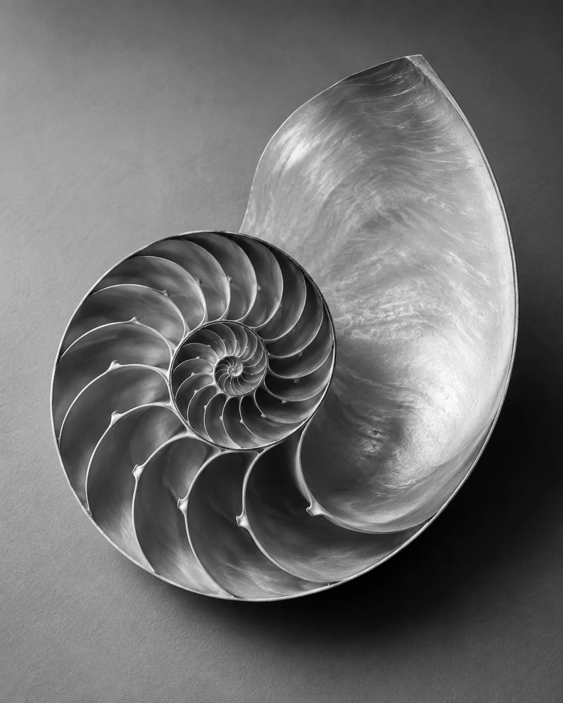A nautilus shell cut in half, its chambers spiralling outward from the centre